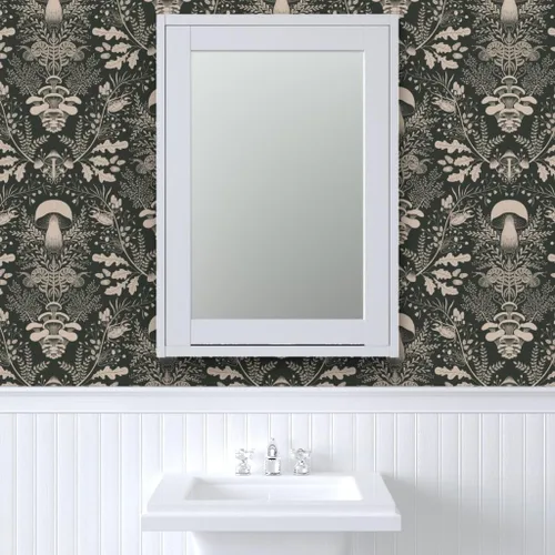Miniatura 9 de Papel tapiz para despegar y pegar, diseño de damasco de bosque de hongos, verde oscuro, bosque, caracol, helecho, bellota, papel tapiz extraíble