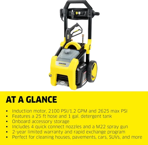 Miniatura 3 de Kärcher Lavadora a presión K2100PS, certificado CETA, 3 boquillas de pulverización, tanque de detergente, para automóviles, calzadas, Amarillo