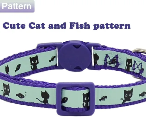Miniatura 5 de Paquete de 2 collares para gatos que brillan en la oscuridad con campana, collares de seguridad para cachorros con colgante morado y negro