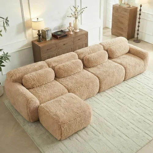 Miniatura 25 de Sofás de nube sin hueso de 80.4 pulgadas, tela de felpa suave y esponjosa, sofá cama modular con 2 otomanas, sofás de dos plazas de chocolate,