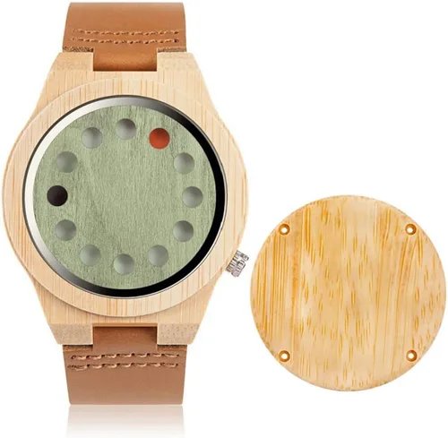 Miniatura 11 de BOBO BIRD Reloj de madera de bambú para hombre con correa de cuero de vaca negra, 12 agujeros, diseño temporizador, relojes deportivos casuales