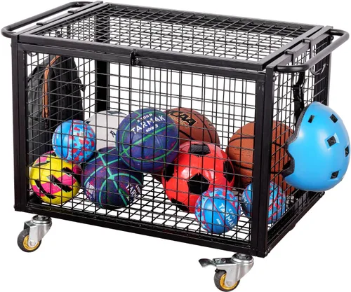 Miniatura 2 de MyGift Carrito de almacenamiento de pelotas deportivas de metal negro para parque infantil, Dodge Ball, baloncesto, pelota de fútbol, canasta