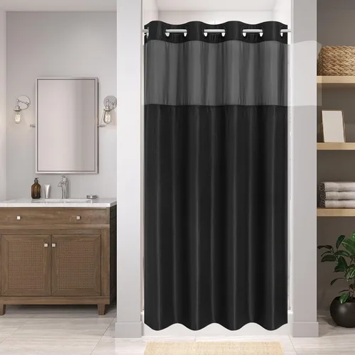 Miniatura 14 de eachope Cortina de ducha negra sin gancho con forro de tela a presión, cortinas de ducha de tejido gofre para baño, juego de cortinas de baño