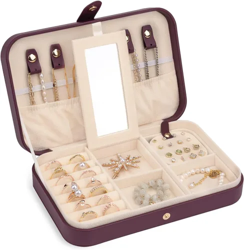 V-LAFUY Organizador de viaje de joyería caja de joyería de viaje portátil pequeño estuche de joyería de viaje con espejo caja de joyería pequeña de
