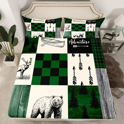Miniatura 23 de Juego de sábanas bajeras de cabaña rústica, tamaño Queen, bosque, lobo, ciervo, oso, para niños y adultos, sábanas a cuadros de búfalo rojo y negro
