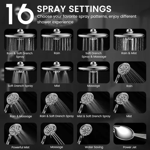 Miniatura 2 de FEELSO Combo de cabezal de ducha de alta presión de 10 pulgadas con rociador de mano, 16 ajustes, brazo ajustable de 11 pulgadas, interruptor