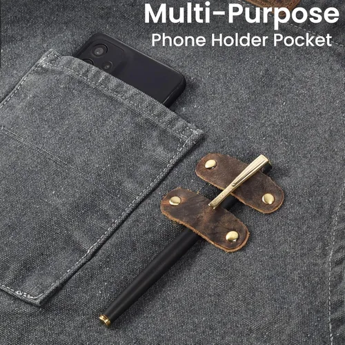 Miniatura 5 de LEATHER VILLAGE Delantales de chef para hombres y mujeres con bolsillos grandes, delantal de trabajo ajustable de lona de algodón con espalda Gris