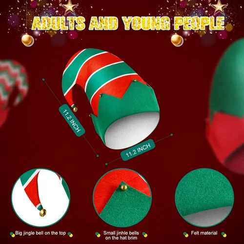 Miniatura 3 de Yaomiao 12 sombreros de fieltro de elfo de Navidad, sombreros de elfo verde y rojo a granel con campana, sombrero de Papá Noel para fiestas