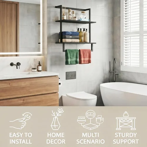 Miniatura 6 de Toallero montado en la pared para baño, soporte de almacenamiento de baño, estante de toalla de madera de acero de 3 niveles con barra, negro