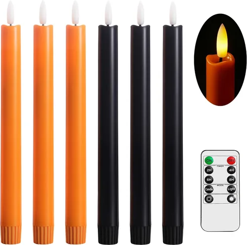 Stmarry Velas cónicas sin llama naranja y negro con control remoto, velas LED de 10 pulgadas parpadeantes, llama 3D realista con mecha, luz blanca