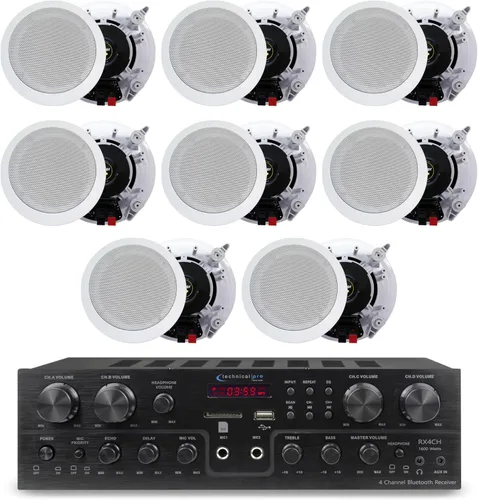 Technical Pro Kit de sistema de cine en casa con receptor Bluetooth de 1000 vatios de 4 canales y 8 unidades de 6.5 pulgadas y 200 vatios en la
