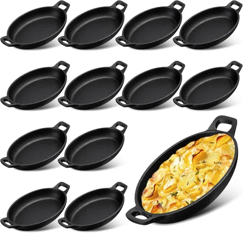 Miniatura 8 de Mifoci Paquete de 8 mini fajitas de hierro fundido, 7.1 x 4.7 pulgadas, sartén ovalada para carne, juego de moldes pequeños, cacerola negra