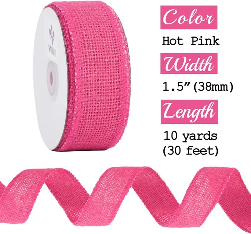 Miniatura 2 de MEEDEE Cinta de arpillera rosa intenso, cinta de arpillera de yute natural de 1.5 pulgadas, cinta de yute rosa intenso, rollo de cintas de arpillera