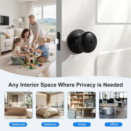 Miniatura 4 de KNOBWELL Paquete de 8 pomos de puerta de privacidad para baño y dormitorio, pomo de puerta negro mate con cerradura, cerradura de manija de puerta