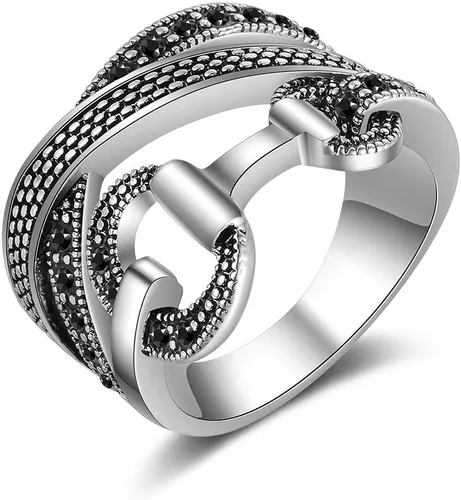 Anillos de oro cruzados para mujer, anillo vintage de plata llamativa, anillos de banda de cristal negro y transparente, regalo de Navidad