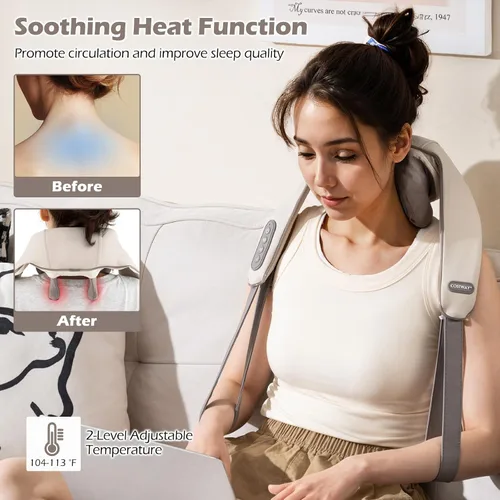Miniatura 7 de COSTWAY Masajeador de cuello y hombros con calor, máquina shiatsu de amasado de tejido profundo 4D para aliviar el dolor, almohada masajeadora