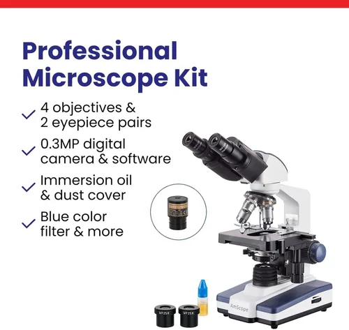 Miniatura 7 de AmScope Serie B120 Microscopio compuesto binocular LED para estudiantes y profesionales - Aumento 40X a 2500X - Incluye cámara USB 2.0 de 0.3MP