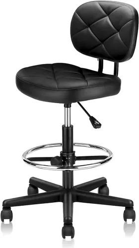 Miniatura 10 de KLASIKA Taburetes rodantes de piel sintética con reposapiés y soporte para la espalda, silla de dibujo tapizada con diamante ajustable con ruedas