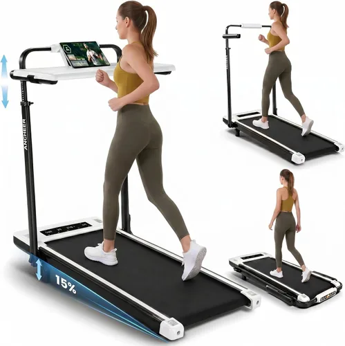 Cinta de Correr Walking Pad con Estación de Trabajo de Escritorio, Cintas de Correr Plegables de 3.5 HP con Inclinación del 15% y Barra de Maniobra,