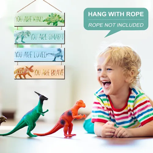 Miniatura 5 de Yalikop 4 piezas de decoración de habitación de dinosaurio para niños, pósters inspiracionales placa de pared para dormitorio de niños guardería