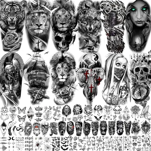 Bilizar 63 hojas de tatuajes tribales temporales de lobo, león, tigre para hombres, mujeres, adultos, aterradores tatuajes temporales de calavera de