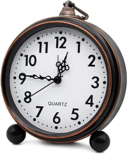 Reloj de mesa de metal retro, funciona con pilas, sin tictac, mesa de cuarzo, pequeño despertador, estante de escritorio, reloj de cristal HD para