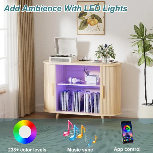 Miniatura 3 de Soporte para tocadiscos, gabinete de almacenamiento de discos de 39 pulgadas con estación de carga y puertos USB, soporte para tocadiscos