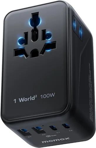 Miniatura 16 de MOMAX Mini Adaptador de Viaje Universal 7 en 1, Adaptador de Corriente Internacional GaN 70W, 2 AC, 3 USB-C PD de Carga Rápida y 2 USB-A QC, Negro