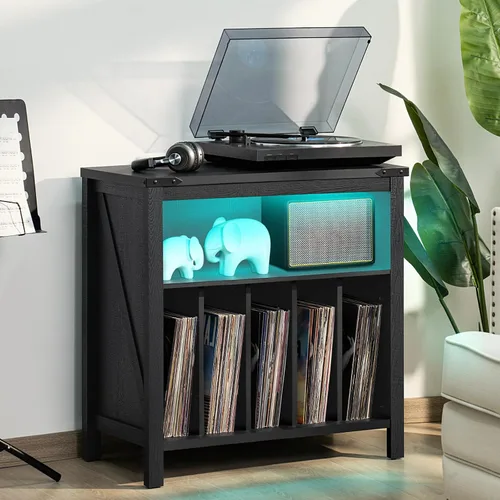 Miniatura 5 de Joaxswe Soporte Grande para Tocadiscos con Estación de Carga y Luces LED, Gabinete Portador de Almacenamiento de Discos de Vinilo que Sostiene hasta