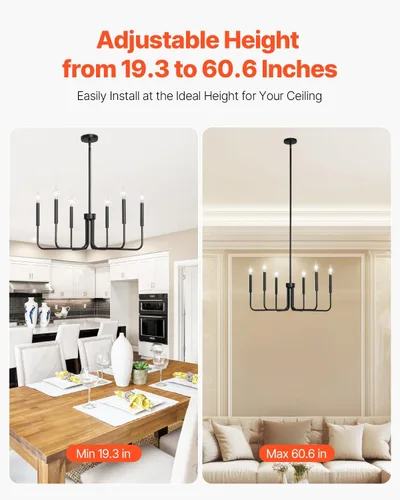 Miniatura 4 de VEVOR Candelabro de 6 Luces, Candelabro de Metal Estilo Granja, Altura Ajustable, Lámpara Colgante de Comedor para Techos, Candelabro Moderno