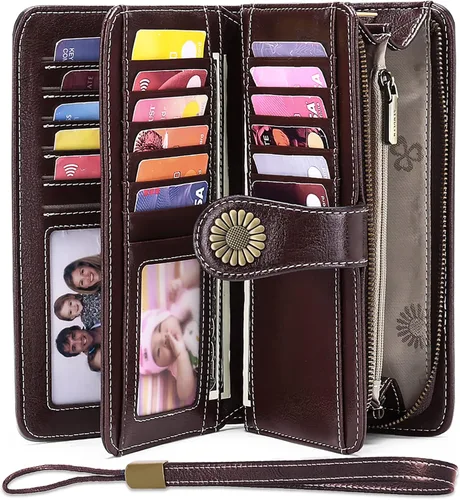Miniatura 2 de SENDEFN - Billeteras de cuero genuino para mujer con tarjetero y bloqueo RFID, de gran capacidad y con correa para la muñeca