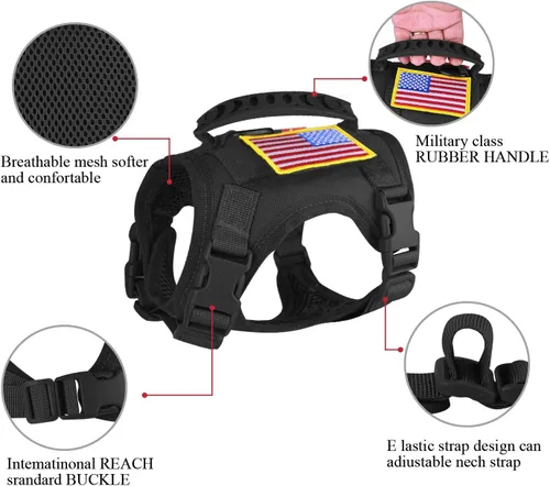 Miniatura 5 de Arnés táctico para perro pequeño, a prueba de escapes, chaleco militar para perro con mango vertical, arnés ajustable XS para cachorros con Negro