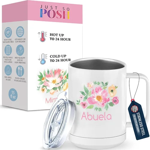 Just So Posh Abuela Flowers - Vaso de café con asa y tapa deslizante, color blanco de 15 onzas, color camello polar, acero inoxidable, aislado al