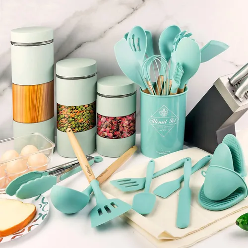 Miniatura 6 de Juego de utensilios de cocina, 18 utensilios de silicona de cocina, resistentes al calor, no tóxicos y sin BPA, con soporte y mango de madera