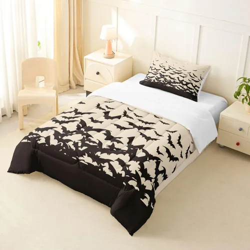 Miniatura 4 de Feelyou Juego de edredón de murciélago para niñas y niños, tamaño individual, edredón de Halloween decorativo en blanco y negro, juego de ropa
