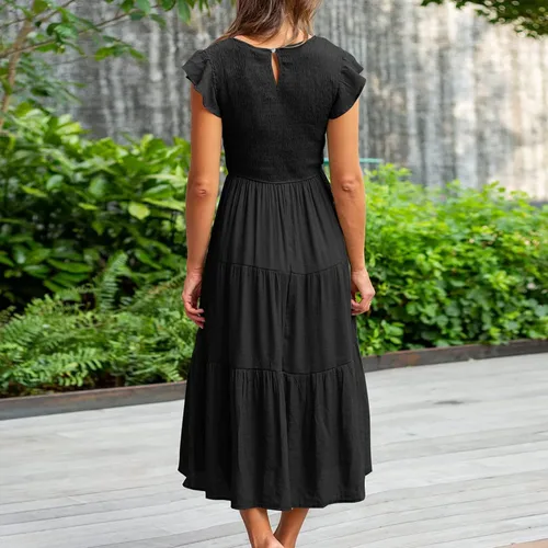 Miniatura 5 de Ceboyel Vestido de manga corta con vuelo para mujer, vestido midi casual con escalones, vestido de verano fruncido a la moda, trajes de mujer 2023