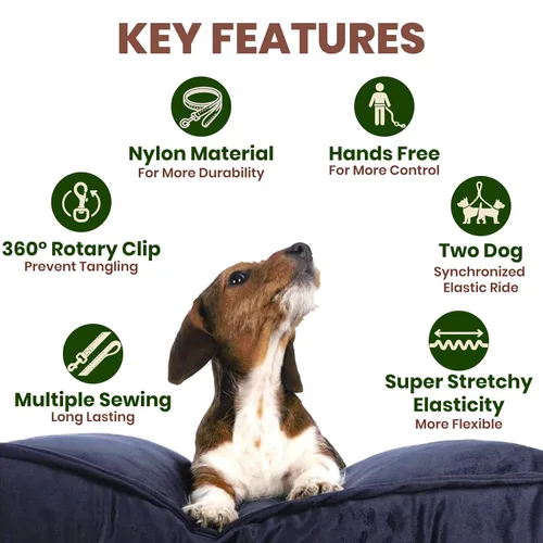 Miniatura 4 de Correa de perro manos libres para 2 perros con elástico y cinturón Diseño sin enredos con asas acolchadas, costuras reflectantes, cinturón
