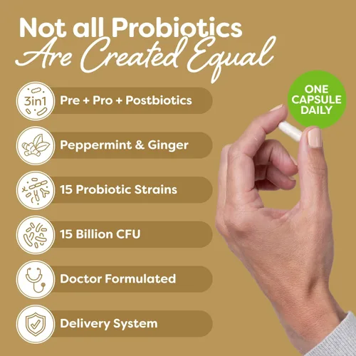 Miniatura 2 de Probulin Total Care Soothe Prebiótico, probiótico y postbiótico + jengibre y menta para calmar la digestión, 15 mil millones de UFC, 15 cepas, 30