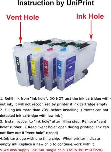 Miniatura 2 de UPink LC406 LC406XL Cartucho de tinta recargable vacío de alto rendimiento compatible con impresora Brother MFC-J4335DW J4345DW J4535DW J5855DW