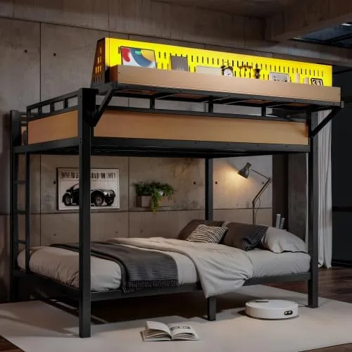 Miniatura 14 de Bellemave Twin XL Bunk Bed Frame with Storage Shelves & Pegboard, Metal Bunk Bed Twin XL with USB Ports & LED Lights, Space-Saving for Bedroom