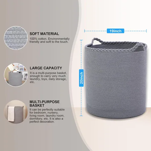 Miniatura 4 de Cesta de lavandería tejida de gran tamaño de 90 litros, cesta de lavandería alta de algodón para mantas, ropa, almohadas, juguetes, zapatos, cubo