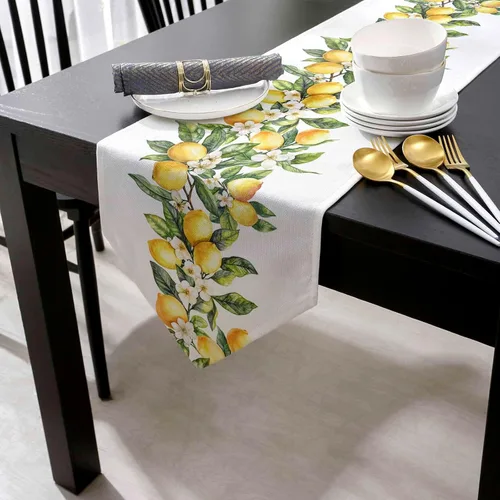 Miniatura 2 de Caminos de mesa triangulares de algodón y lino pequeños de 36 pulgadas, limones de verano, remolinos florales blancos, bufandas de tocador