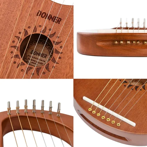 Miniatura 6 de Arpa de Lira Donner, 7 cuerdas de metal, cuerpo de caoba y sillín de hueso DLH-001 Arpa de Lira para niños principiantes con llave de afinación