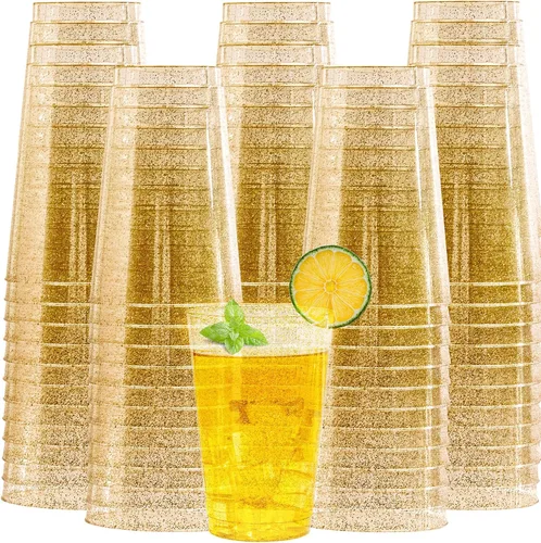 Miniatura 15 de I00000 Paquete de 100 vasos de plástico dorados de 14 onzas, vasos desechables de plástico con purpurina dorada, copas de vino desechables, copas