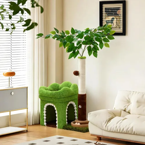 Miniatura 3 de Woochpet Árbol pequeño para gatos con poste rascador y pista de bolas, torre verde para gatos con hojas realistas para gatitos y gatos pequeños