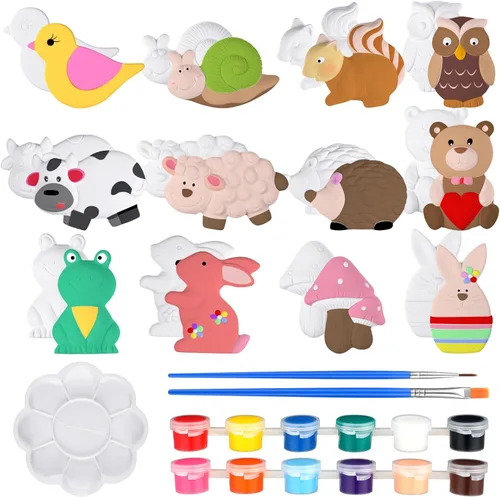 Sinmoe 12 juegos de kit de arte y manualidades, kit de pintura de cerámica sin pintar DIY, pinta tus propias figuras con 12 imanes, 2 pinceles y 1