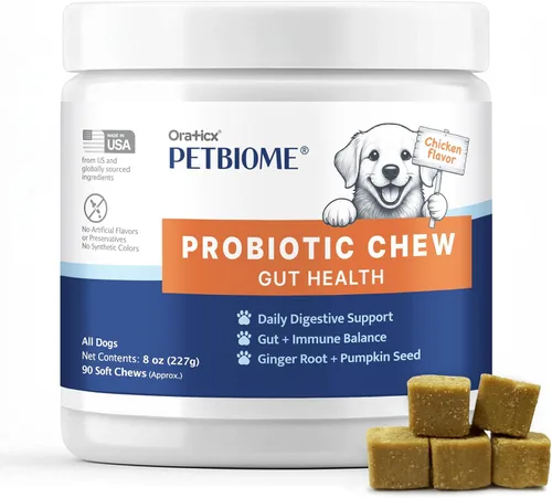 Oraticx PetBiome - Probiótico masticable para perros, apoya la salud digestiva diaria, el equilibrio intestinal y el sistema inmunológico, con raíz