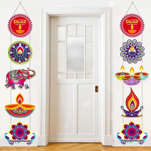 Hotop 2 carteles colgantes con temática de Deepavali de 78 x 11.4 pulgadas, decoraciones Diwali para el hogar, festival de luces, fiesta, puerta