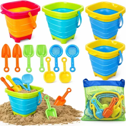 TOY Life Juguetes de playa plegables para niños con 4 cubos de arena plegables de silicona y 8 palas y bolsa de malla, accesorios de playa para