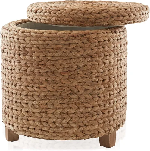 Miniatura 5 de Casafield Otomano de almacenamiento redondo de 17" con tapa - Jazmín, taburete tejido a mano de jacinto de agua para sala de estar, dormitorio